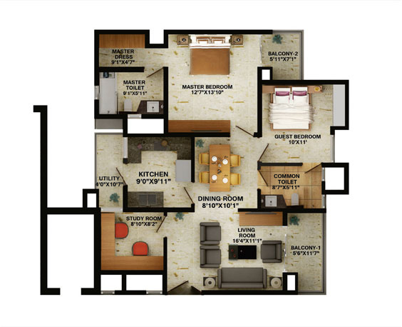 2 BHK Luxury Floor Plan